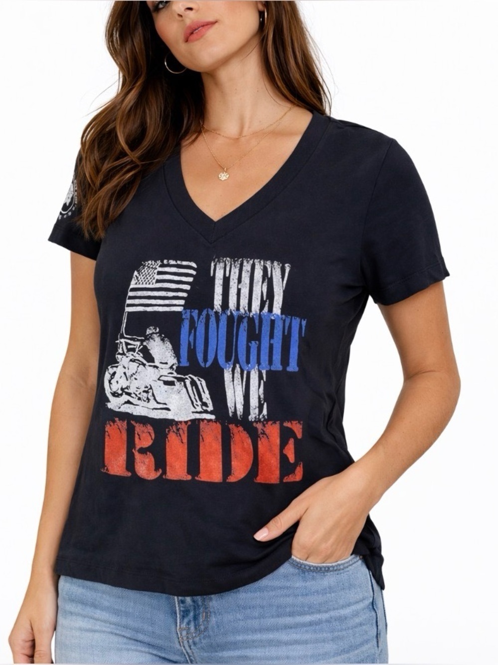 They Fought We Ride wounded Veterans run V-neck Next Level SZ M women's T-shirt